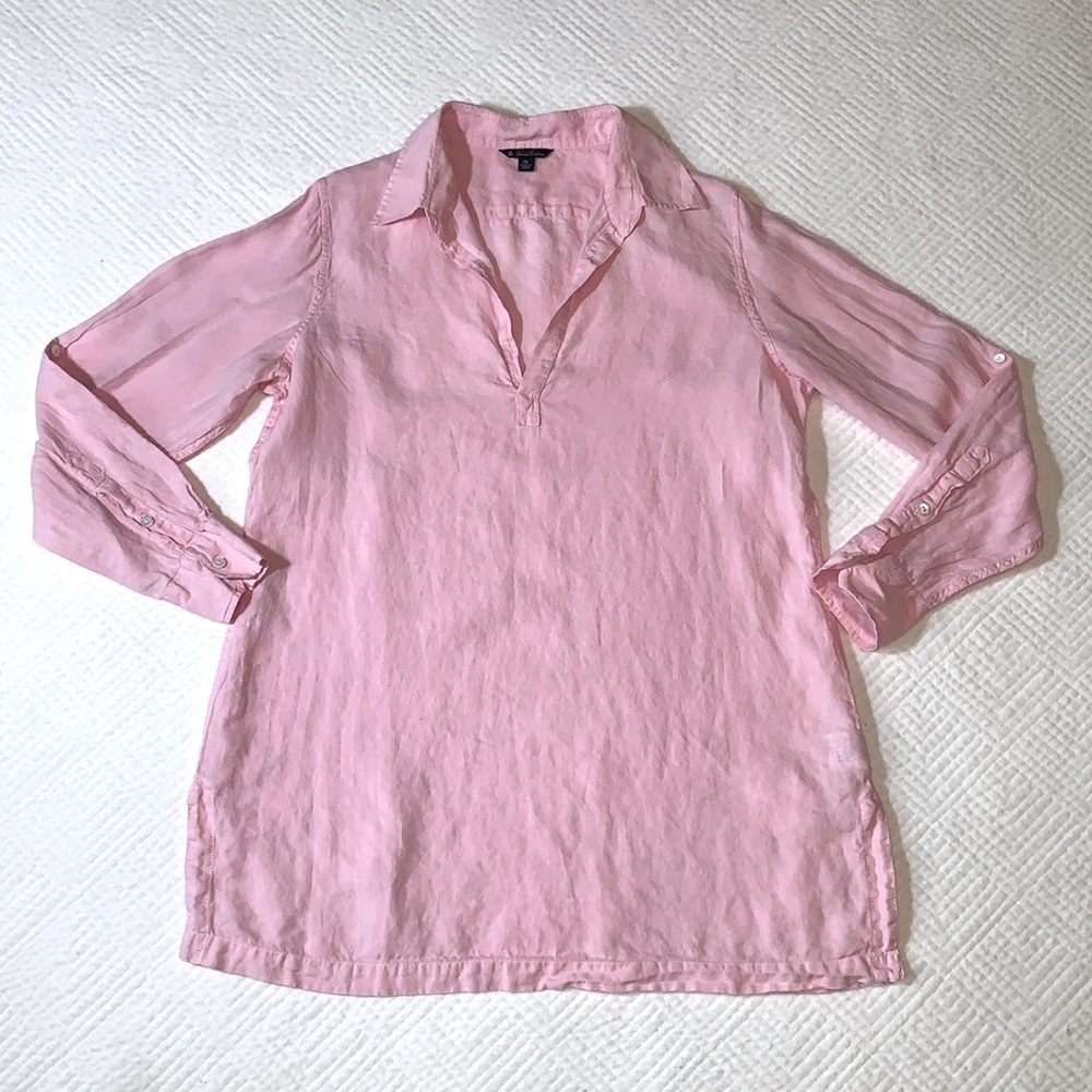Brooks Brothers 100% Linen Pink V-Neck Tunic Shirt, Convertible Sleeves, Size XL